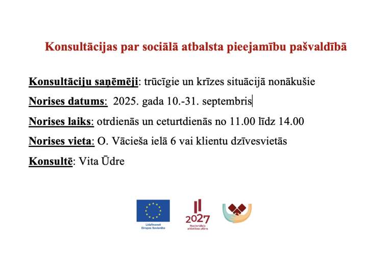 Konsultācijas par sociālā atbalsta pieejamību pašvaldībā